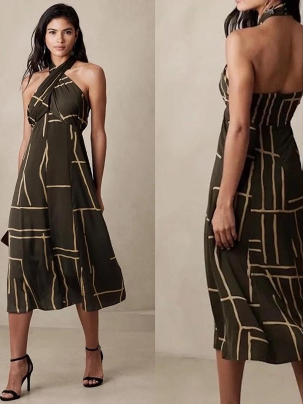 Banana Republic Brown Halter Midi Dress with Tan Grid Print